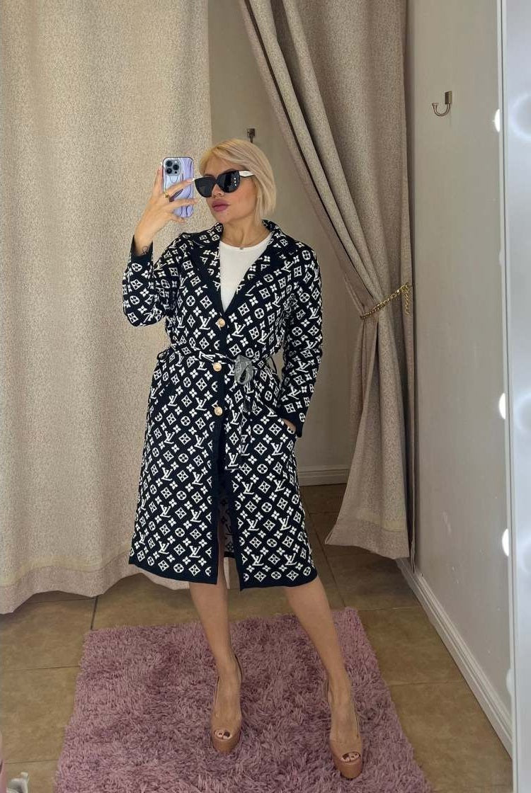 Louis Vuitton Monogram Knit Belted Coatigan – Black & White LV Statement Coat