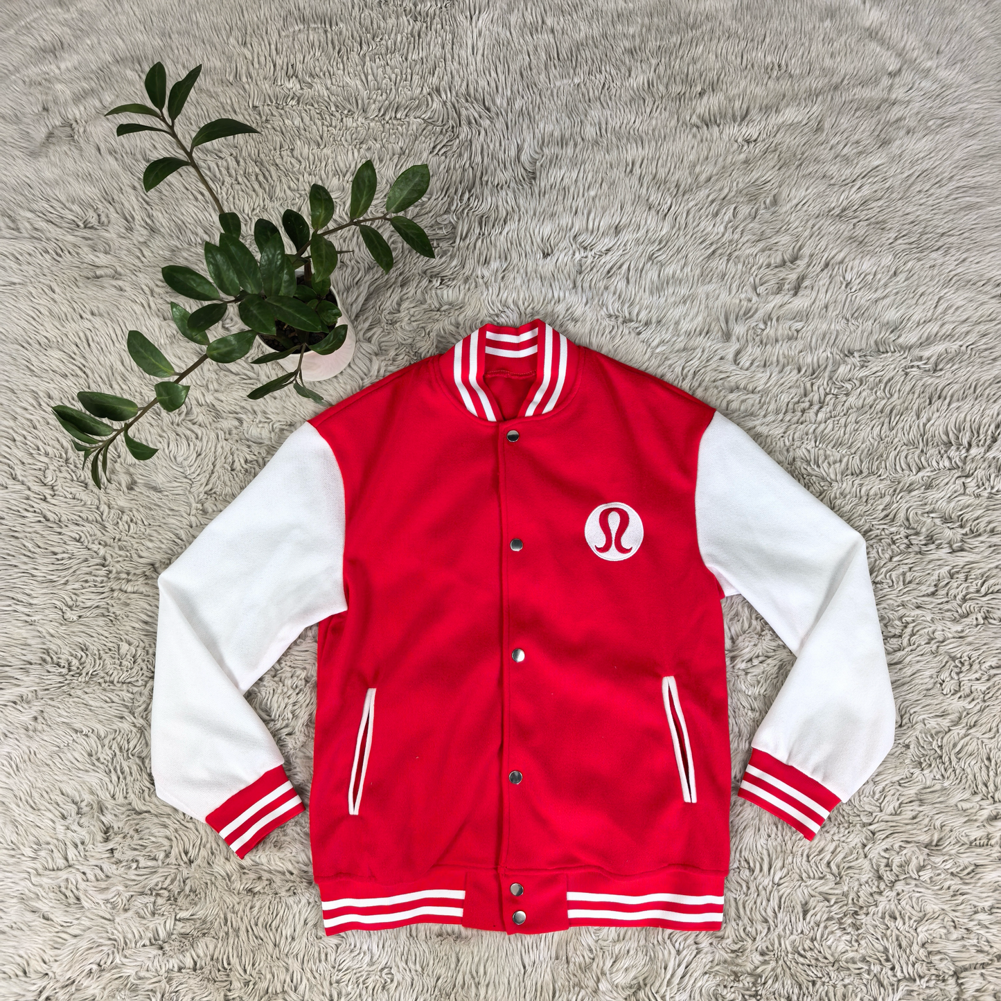 Lululemon Red & White Varsity Jacket – Snap Button Bomber